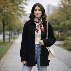 Claiborne Black Suede Shirt Jacket Oversized Minimalist Clean‎ Girl L/XL Vintage